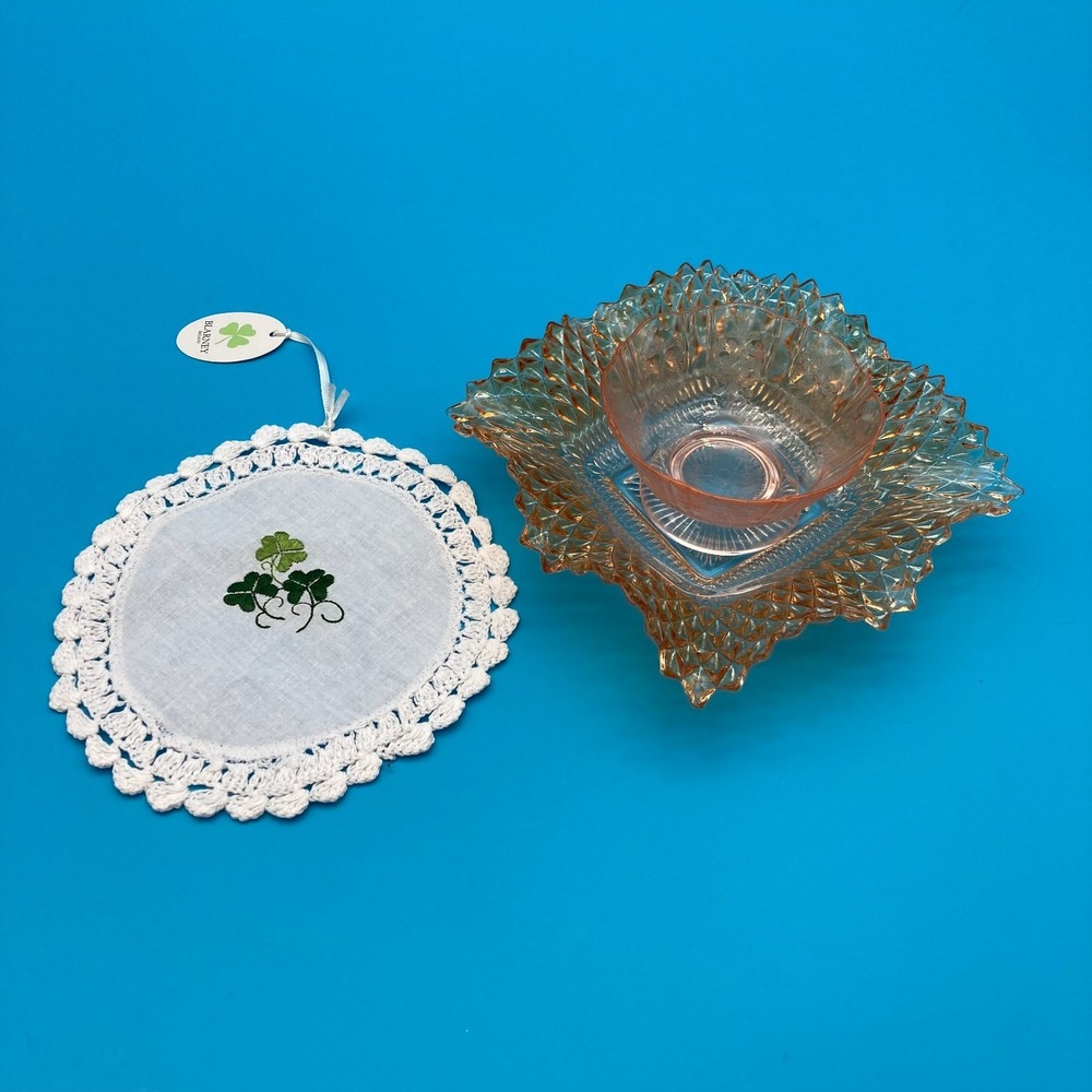 Vintage Pink Depression Glass Bowl Marigold Carnival Dish Irish Linen Set